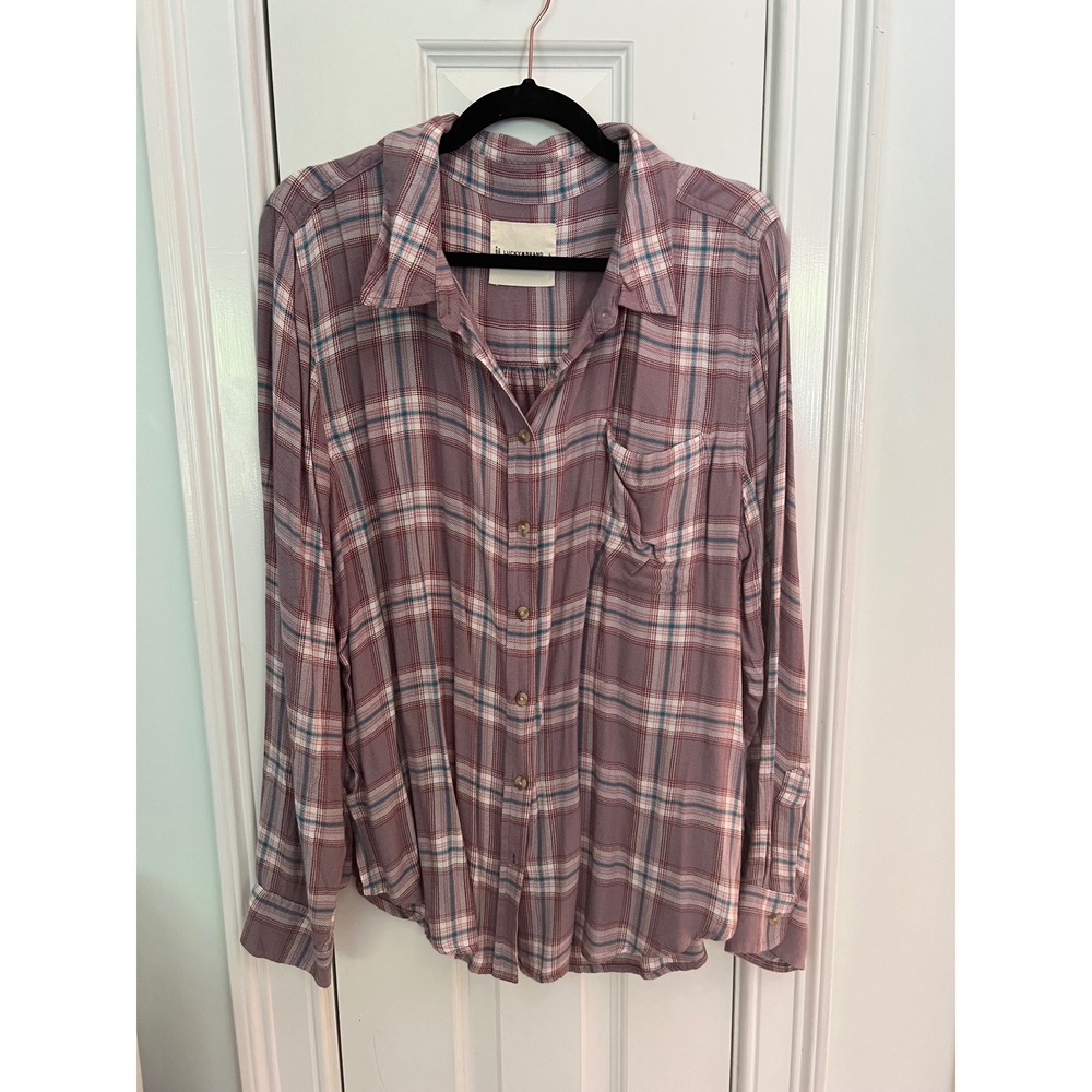 Lucky Brand Womens Plaid Button Down Shirt Purple Long Sleeve Pocket Top Large